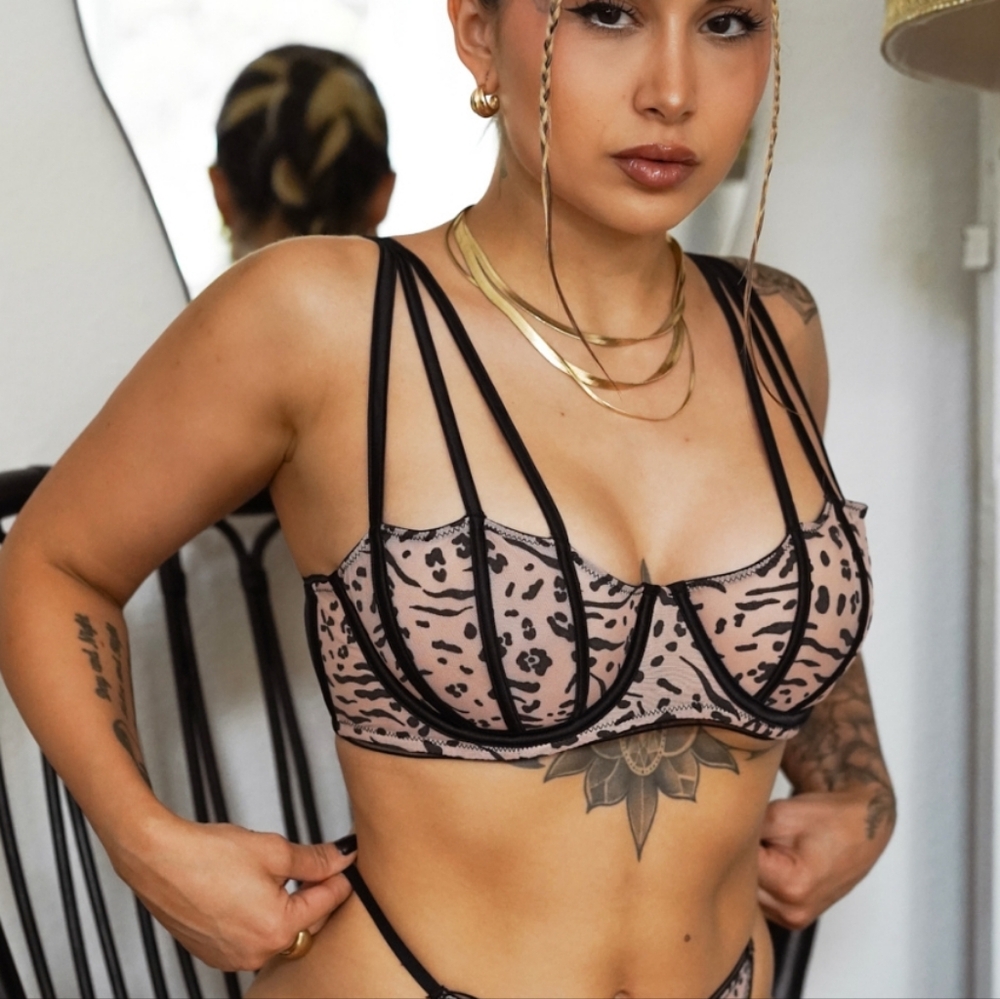 NWT Savage X Fenty Vigilante Vamp Mesh Balconette Bra Brown Hellcat Puff 34B